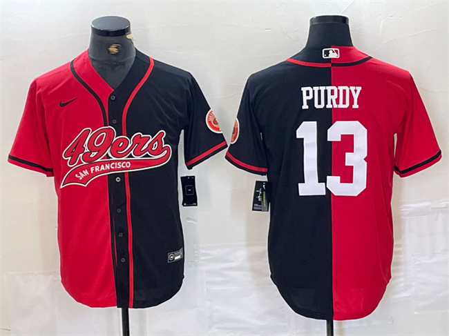 Men's San Francisco 49ers #13 Brock Purdy Red/Black Split With Patch Cool Base Stitched Baseball Jersey